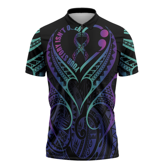 Personalised Your Story Isn't Over Zipper Polo Shirt Suicide Prevention Support Semicolon Polynesian Heart