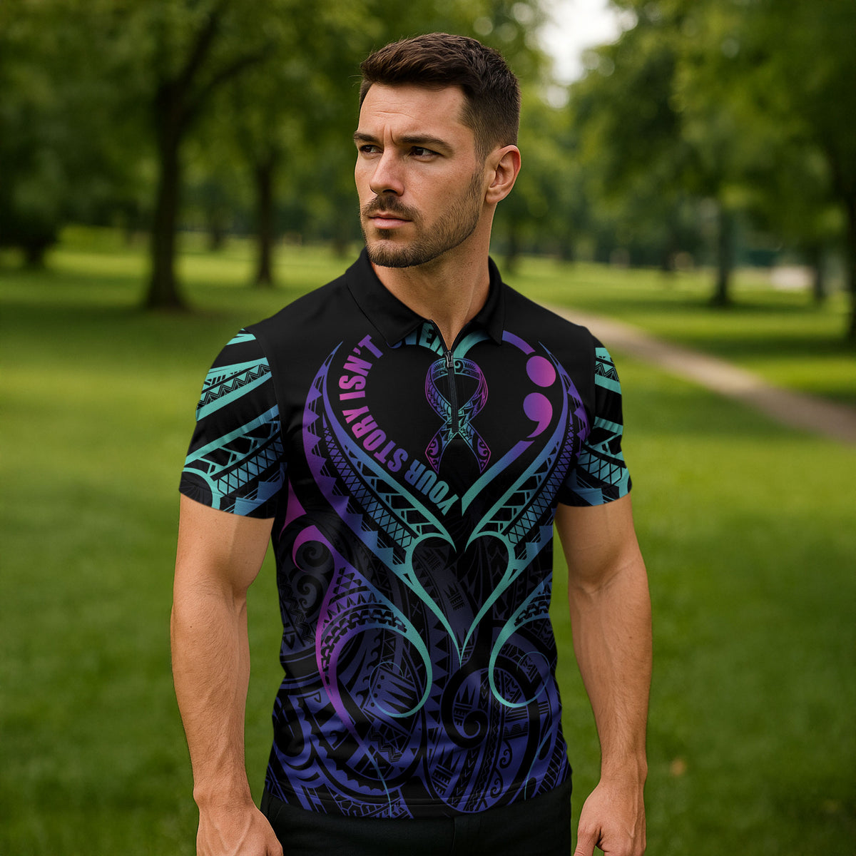 Personalised Your Story Isn't Over Zipper Polo Shirt Suicide Prevention Support Semicolon Polynesian Heart