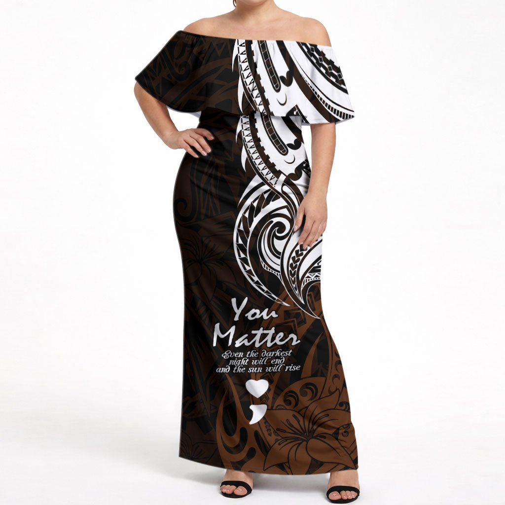 You Matter Suicide Prevention Support Off Shoulder Maxi Dress Gold Polynesian Tribal