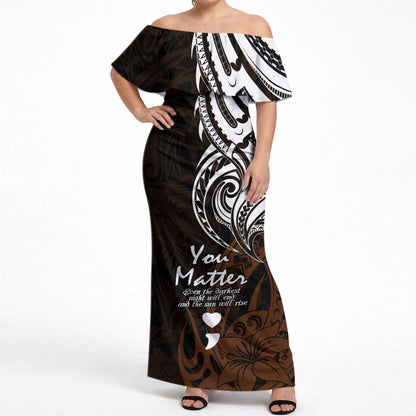 You Matter Suicide Prevention Support Off Shoulder Maxi Dress Gold Polynesian Tribal
