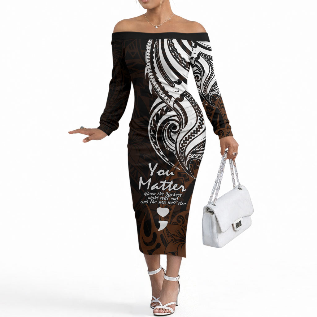 You Matter Suicide Prevention Support Off The Shoulder Long Sleeve Dress Gold Polynesian Tribal