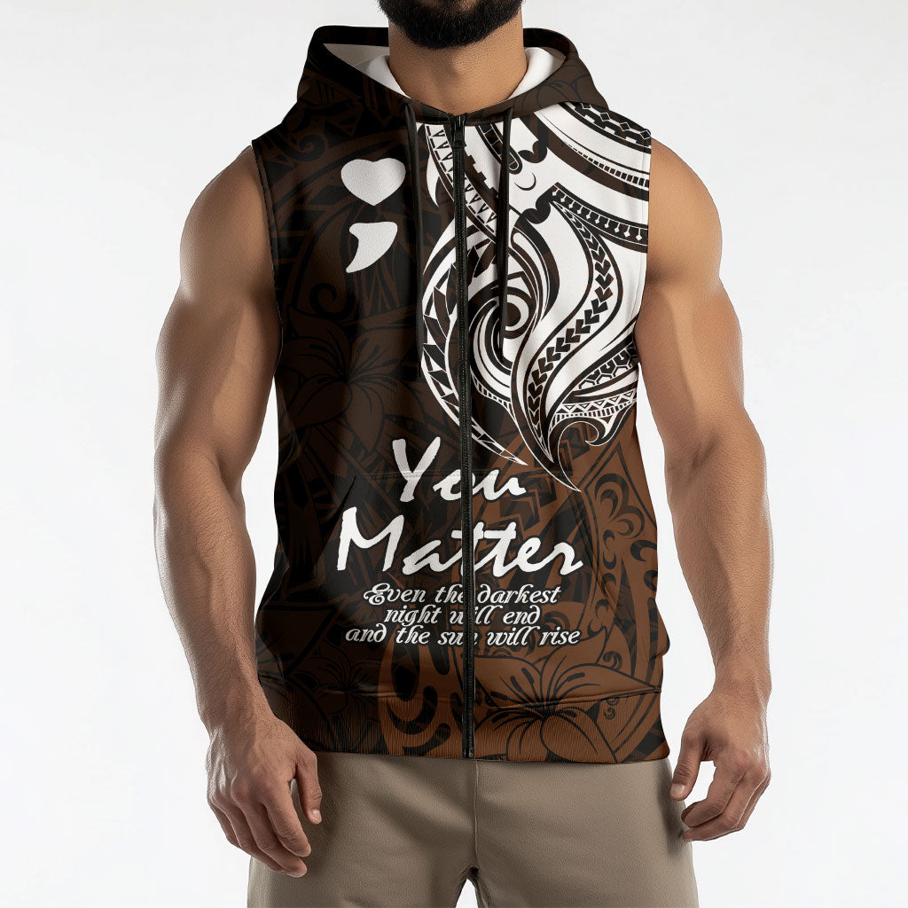 You Matter Suicide Prevention Support Sleeveless Zip Hoodie Gold Polynesian Tribal