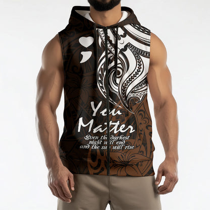 You Matter Suicide Prevention Support Sleeveless Zip Hoodie Gold Polynesian Tribal