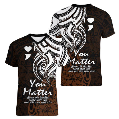 You Matter Suicide Prevention Support Women V-Neck T-Shirt Gold Polynesian Tribal