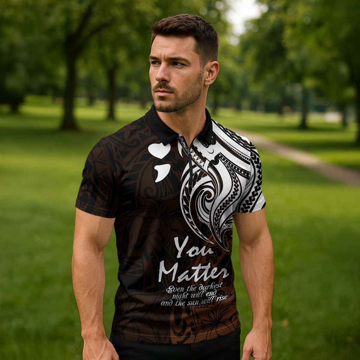 You Matter Suicide Prevention Support Zipper Polo Shirt Gold Polynesian Tribal