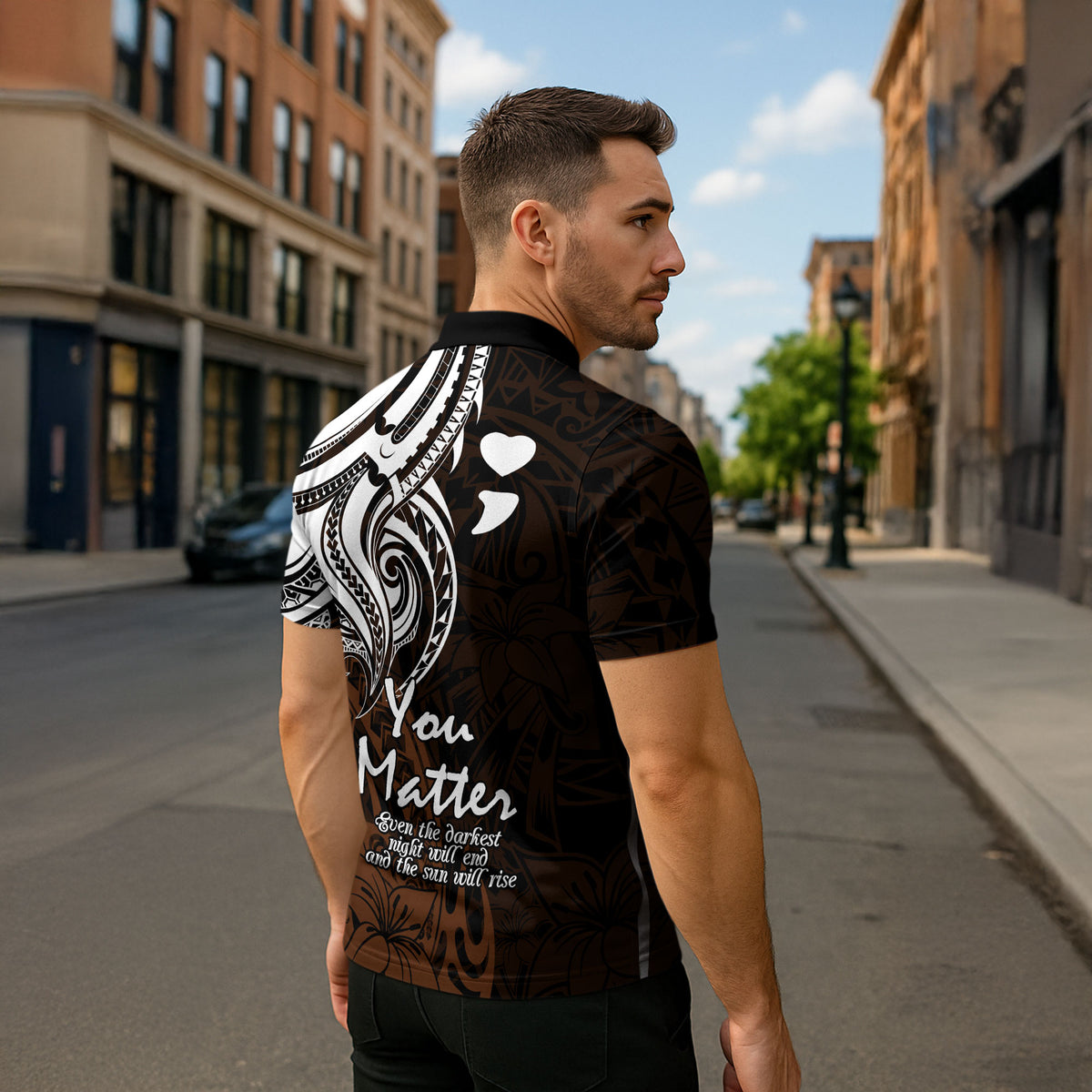 You Matter Suicide Prevention Support Zipper Polo Shirt Gold Polynesian Tribal
