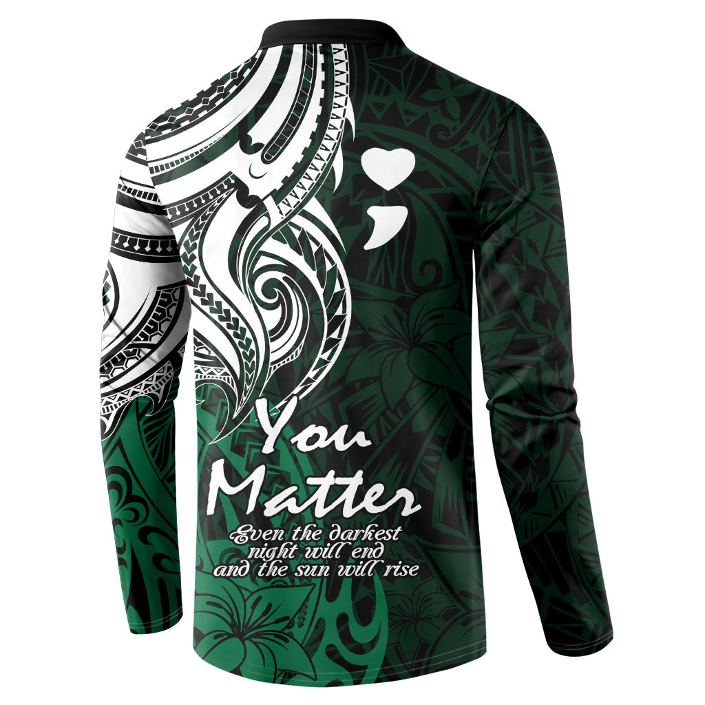 You Matter Suicide Prevention Support Button Sweatshirt Green Polynesian Tribal