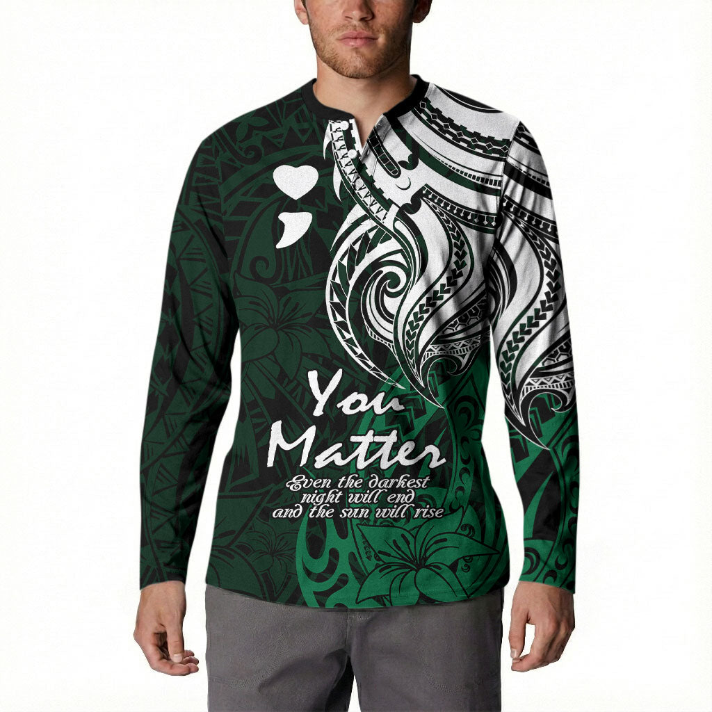 You Matter Suicide Prevention Support Button Sweatshirt Green Polynesian Tribal