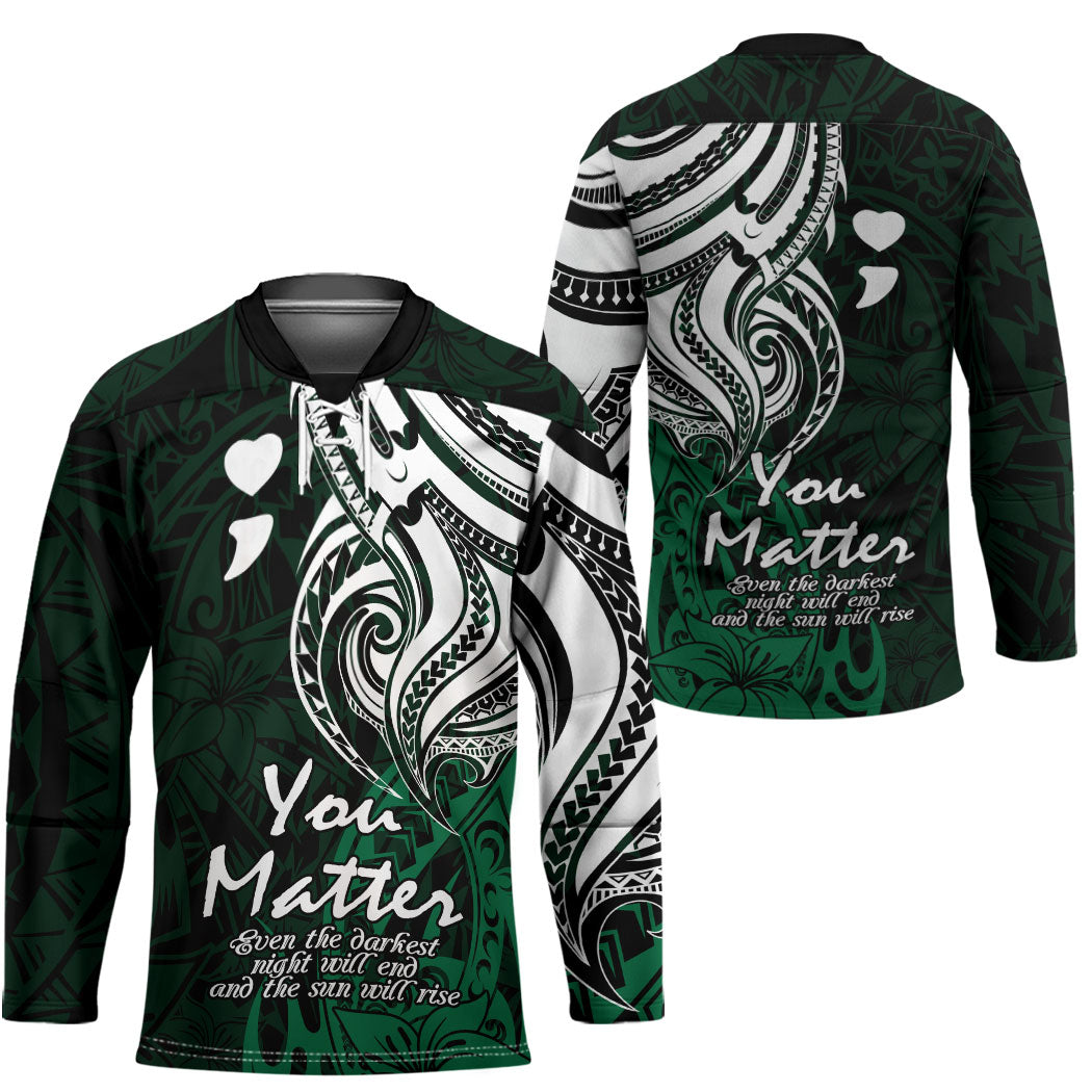 You Matter Suicide Prevention Support Hockey Jersey Green Polynesian Tribal