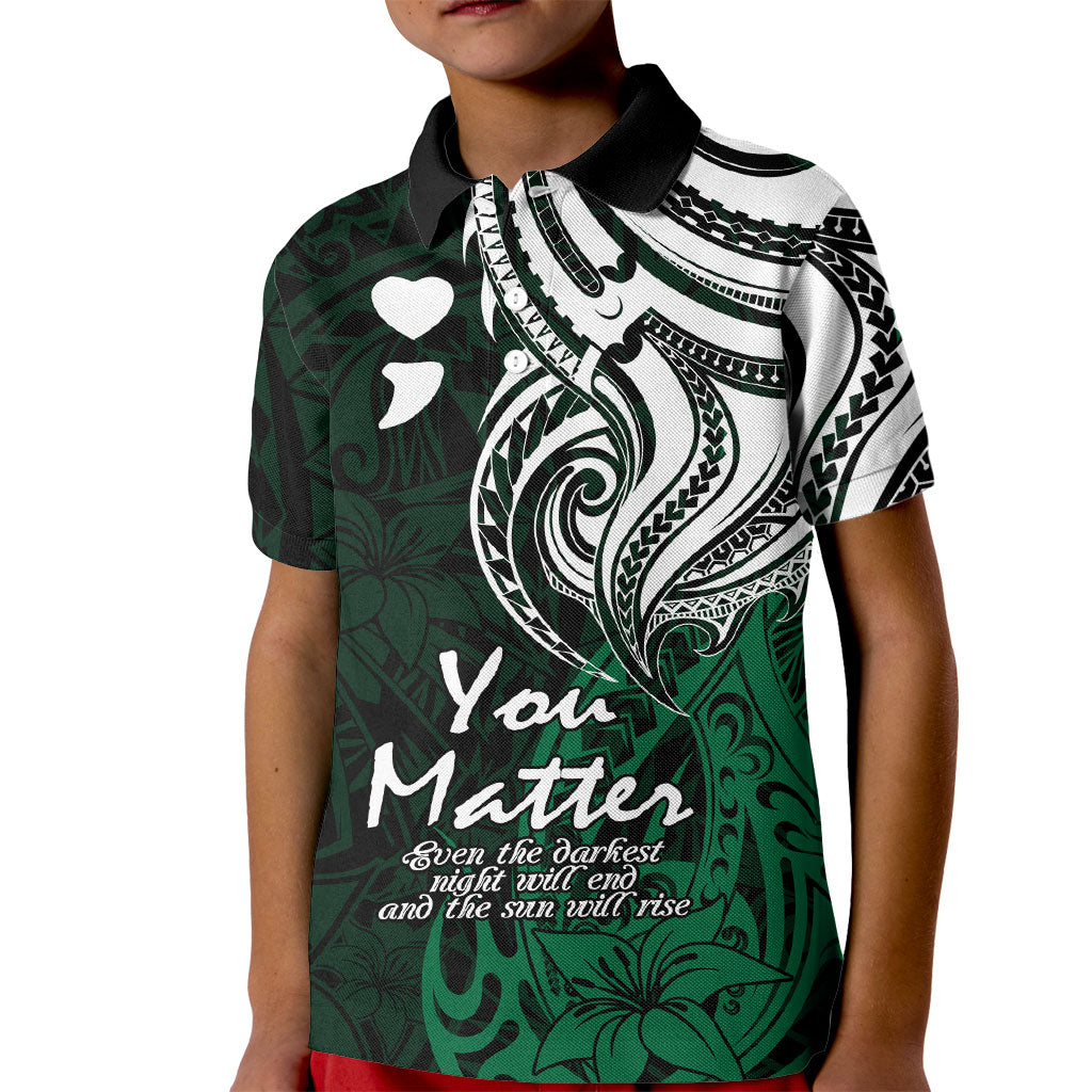 You Matter Suicide Prevention Support Kid Polo Shirt Green Polynesian Tribal