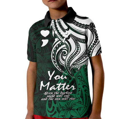 You Matter Suicide Prevention Support Kid Polo Shirt Green Polynesian Tribal