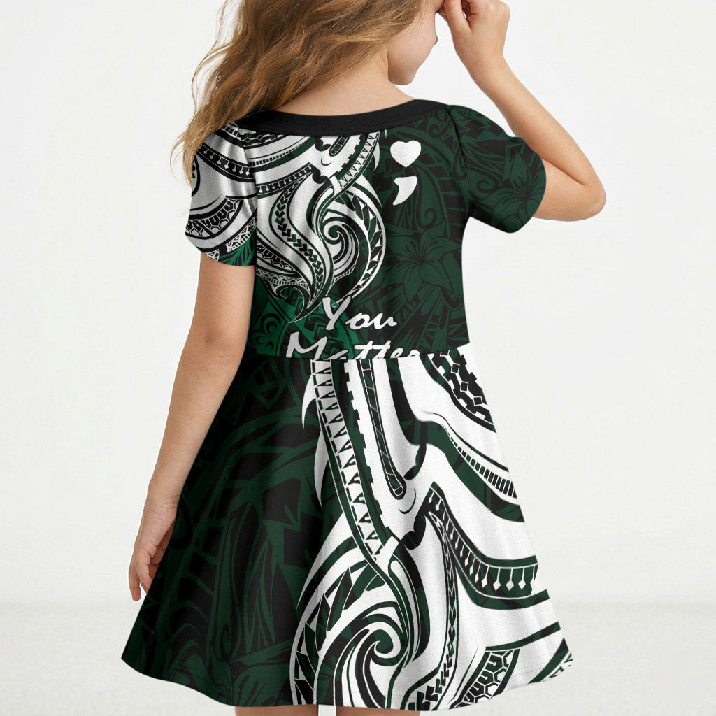 You Matter Suicide Prevention Support Kid Short Sleeve Dress Green Polynesian Tribal