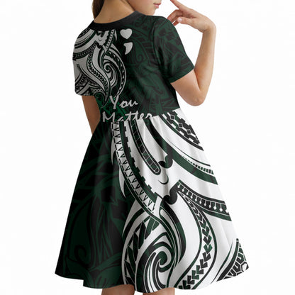 You Matter Suicide Prevention Support Kid Short Sleeve Dress Green Polynesian Tribal
