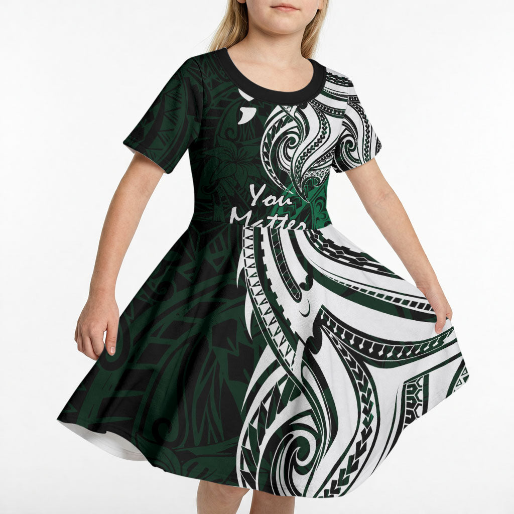 You Matter Suicide Prevention Support Kid Short Sleeve Dress Green Polynesian Tribal