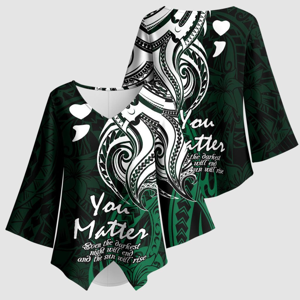 You Matter Suicide Prevention Support Kimono Sleeve Blouse Green Polynesian Tribal