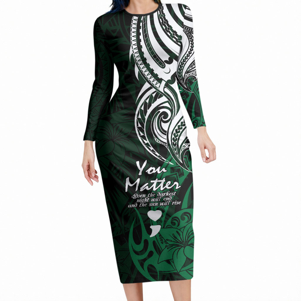 You Matter Suicide Prevention Support Long Sleeve Bodycon Dress Green Polynesian Tribal