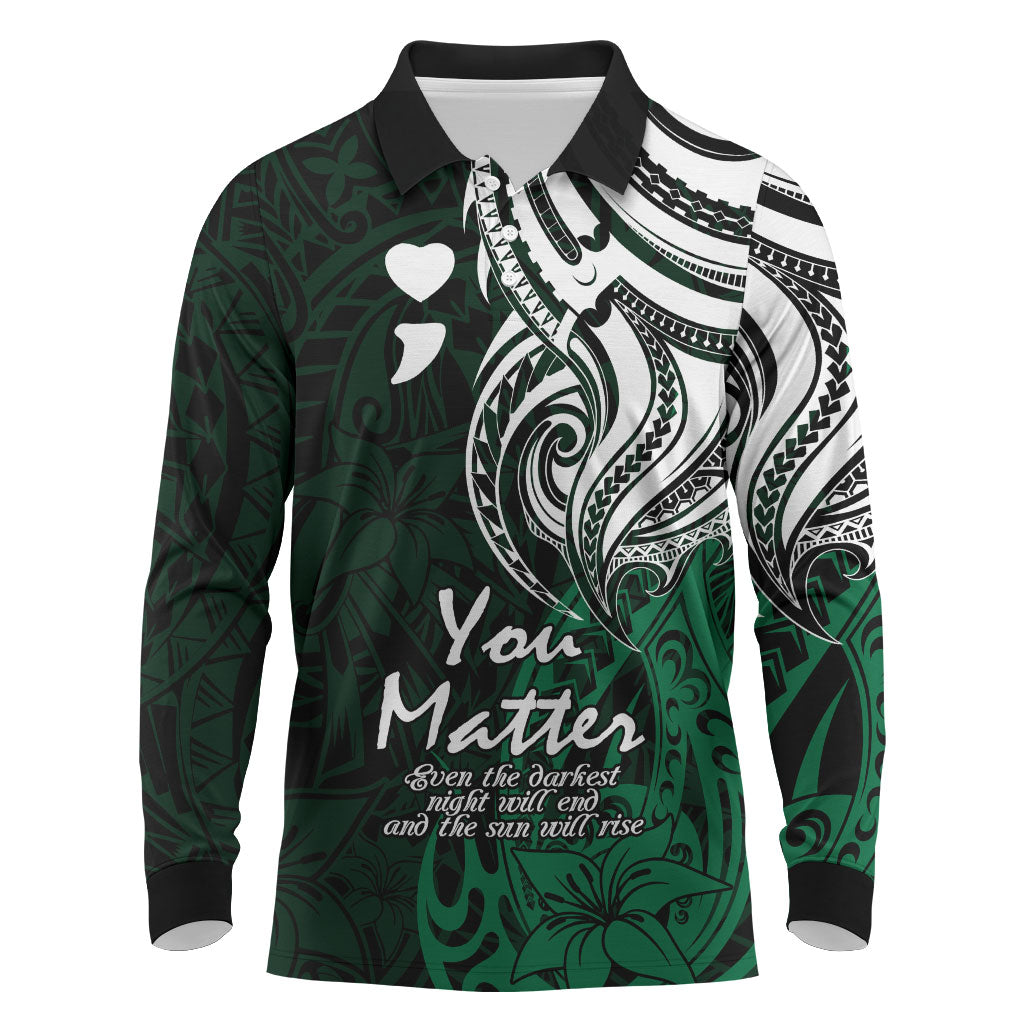 You Matter Suicide Prevention Support Long Sleeve Polo Shirt Green Polynesian Tribal