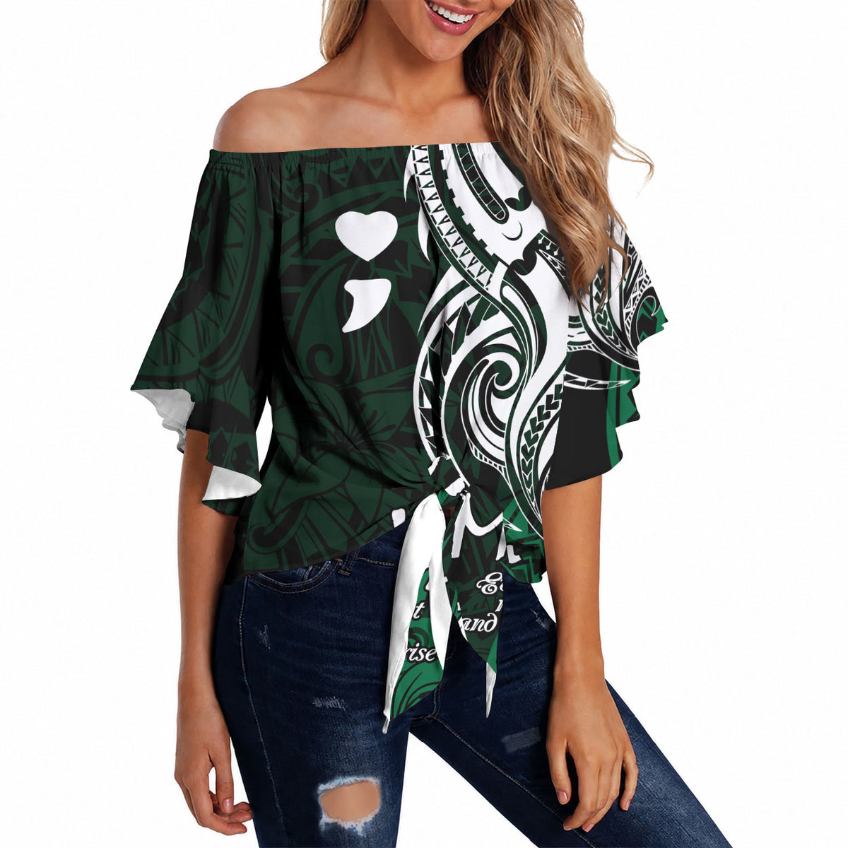 You Matter Suicide Prevention Support Off Shoulder Wrap Waist Top Green Polynesian Tribal