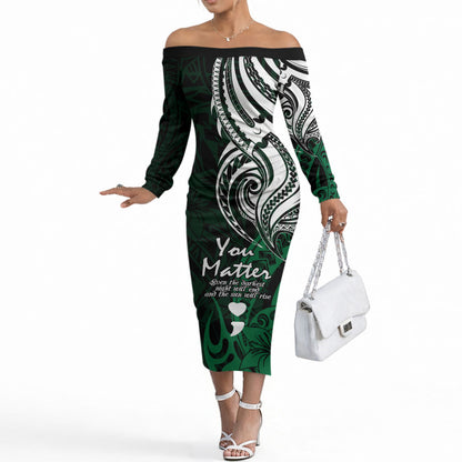 You Matter Suicide Prevention Support Off The Shoulder Long Sleeve Dress Green Polynesian Tribal