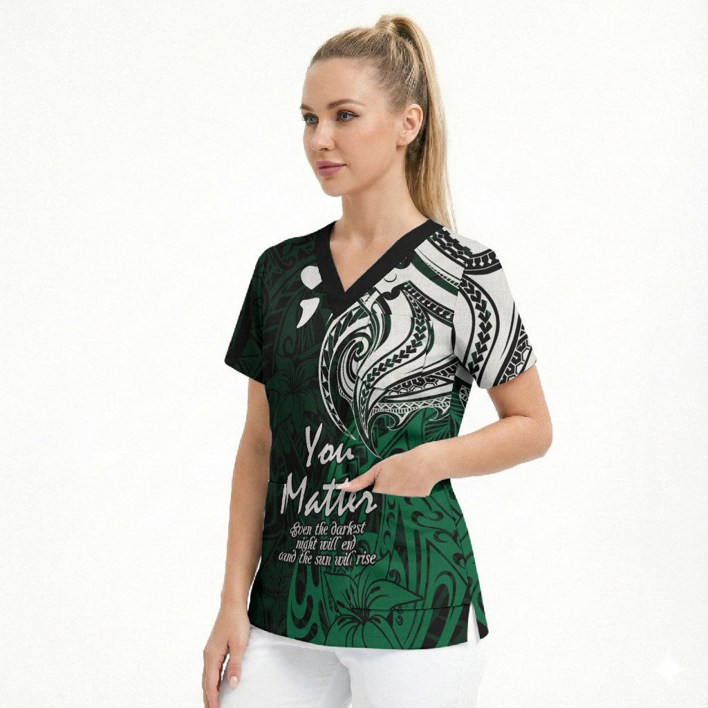 You Matter Suicide Prevention Support Scrub Top Green Polynesian Tribal