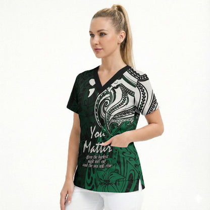 You Matter Suicide Prevention Support Scrub Top Green Polynesian Tribal