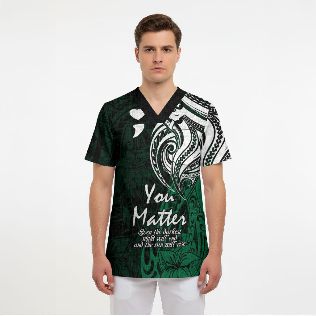 You Matter Suicide Prevention Support Scrub Top Green Polynesian Tribal