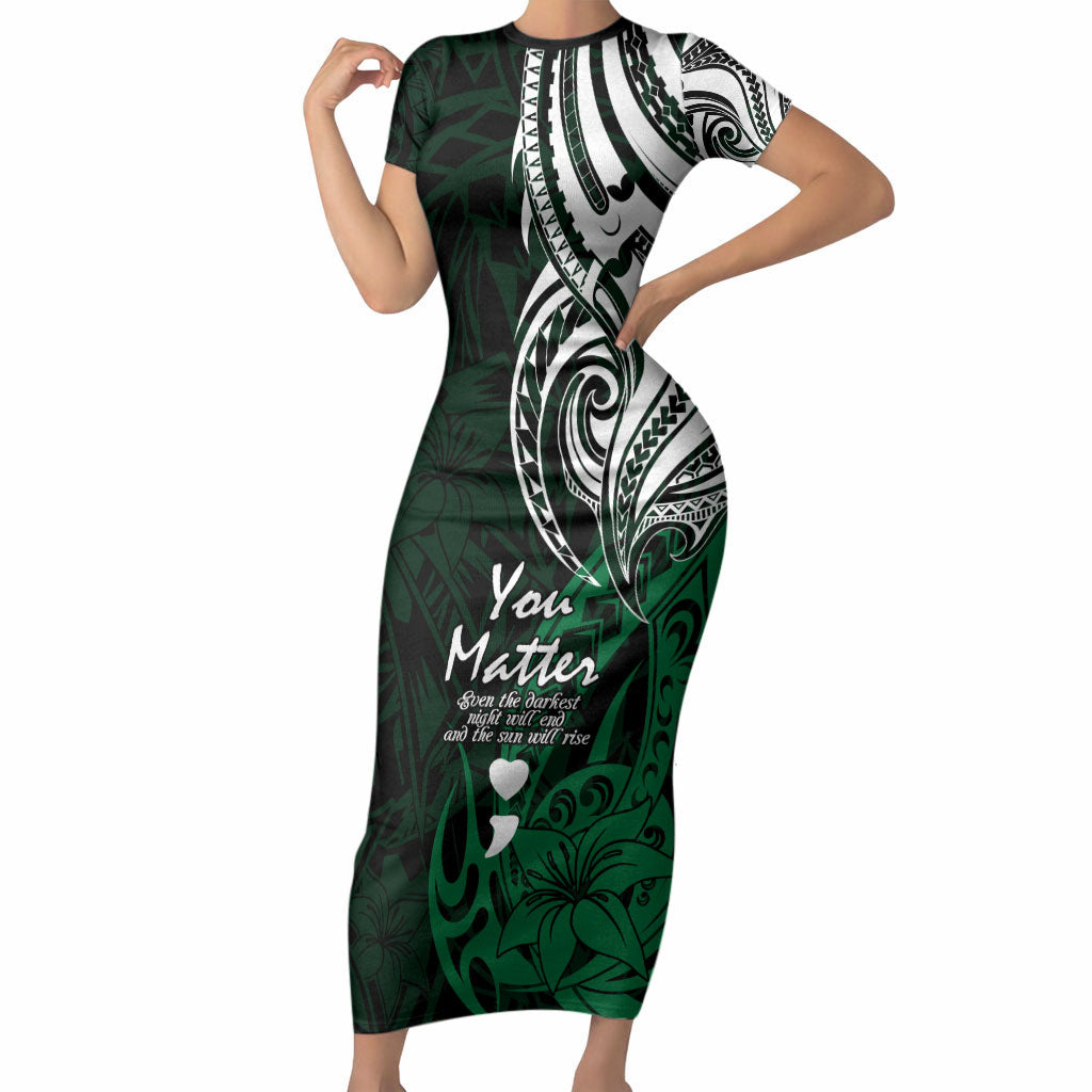 You Matter Suicide Prevention Support Short Sleeve Bodycon Dress Green Polynesian Tribal