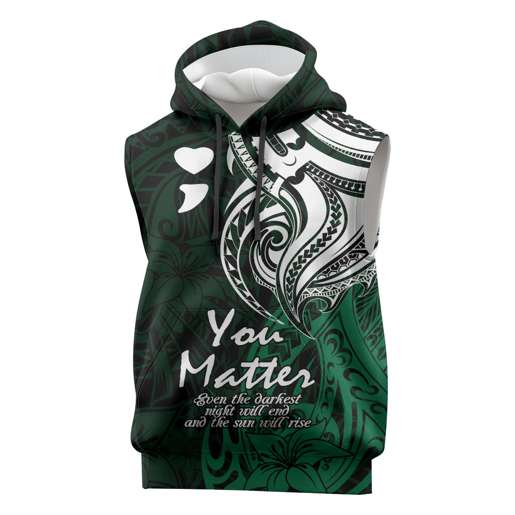 You Matter Suicide Prevention Support Sleeveless Hoodie Green Polynesian Tribal