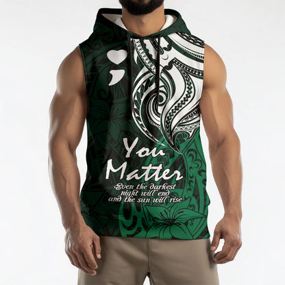 You Matter Suicide Prevention Support Sleeveless Hoodie Green Polynesian Tribal