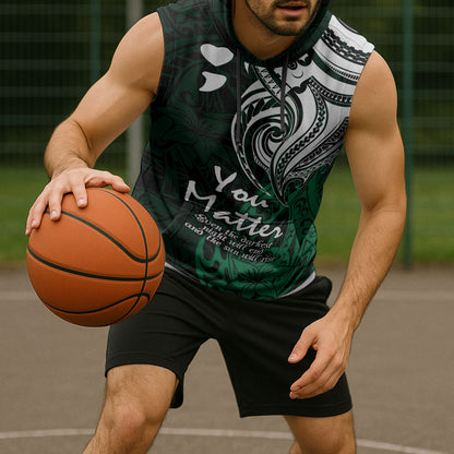 You Matter Suicide Prevention Support Sleeveless Hoodie Green Polynesian Tribal