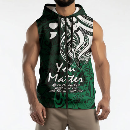 You Matter Suicide Prevention Support Sleeveless Zip Hoodie Green Polynesian Tribal