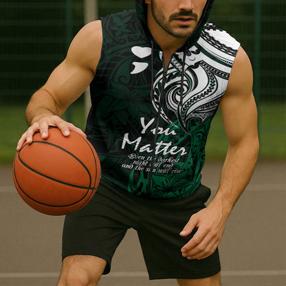 You Matter Suicide Prevention Support Sleeveless Zip Hoodie Green Polynesian Tribal