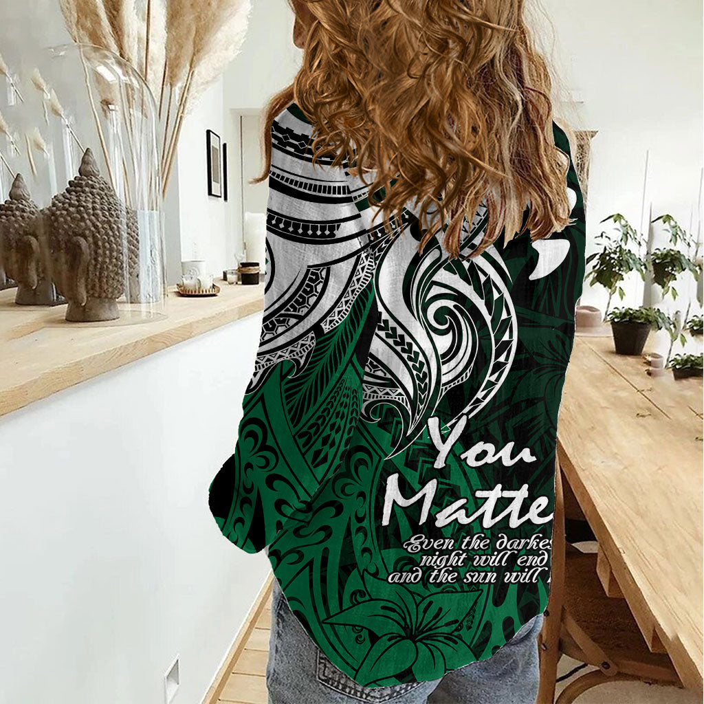 You Matter Suicide Prevention Support Women Casual Shirt Green Polynesian Tribal