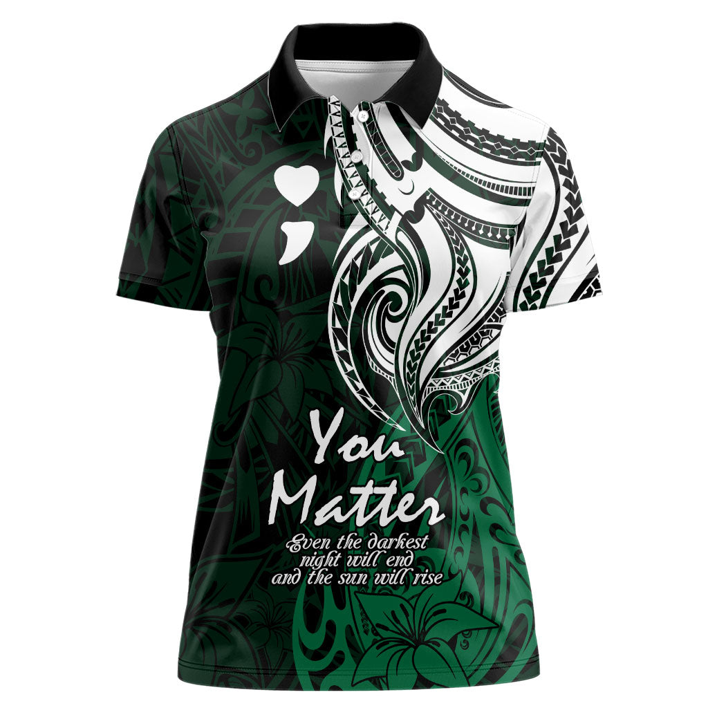 You Matter Suicide Prevention Support Women Polo Shirt Green Polynesian Tribal