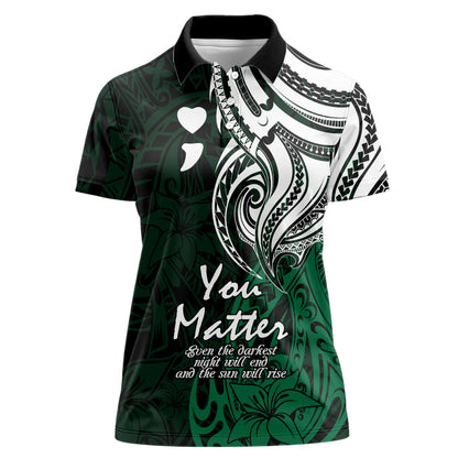 You Matter Suicide Prevention Support Women Polo Shirt Green Polynesian Tribal