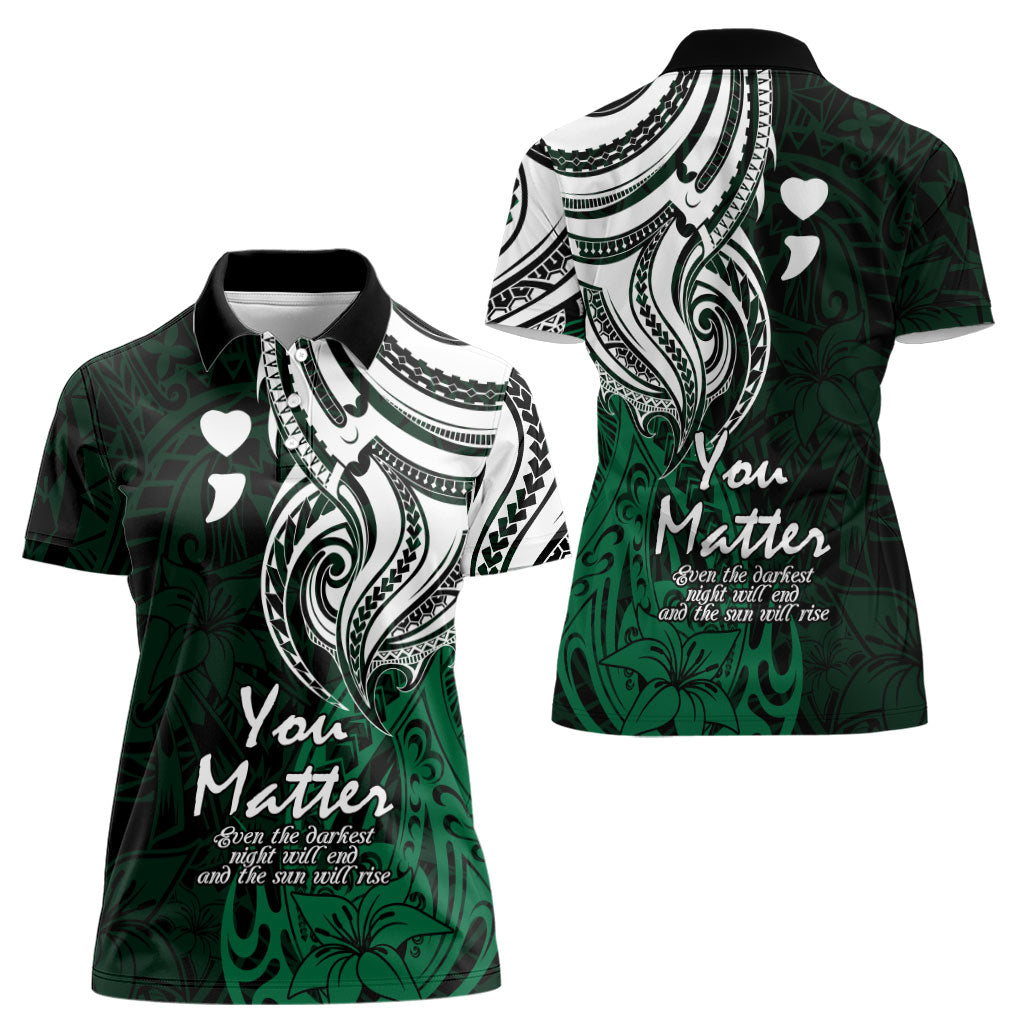You Matter Suicide Prevention Support Women Polo Shirt Green Polynesian Tribal