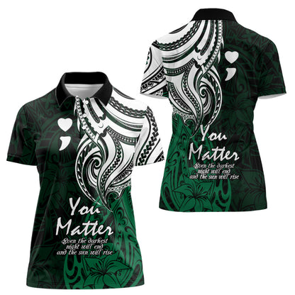 You Matter Suicide Prevention Support Women Polo Shirt Green Polynesian Tribal