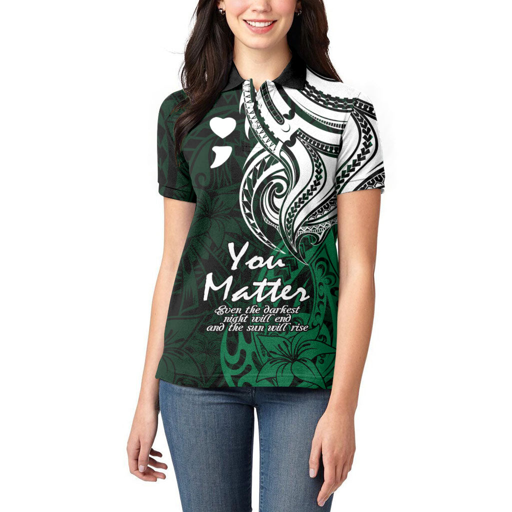 You Matter Suicide Prevention Support Women Polo Shirt Green Polynesian Tribal