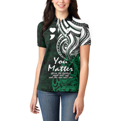 You Matter Suicide Prevention Support Women Polo Shirt Green Polynesian Tribal