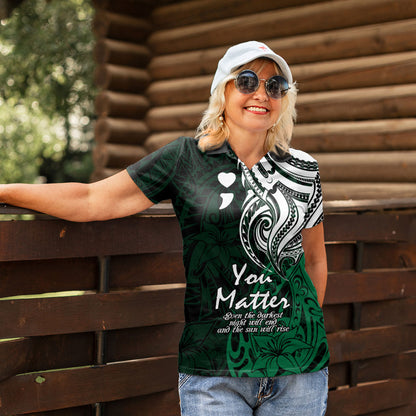 You Matter Suicide Prevention Support Women Polo Shirt Green Polynesian Tribal