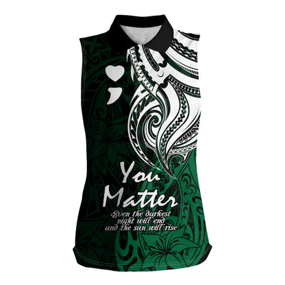 You Matter Suicide Prevention Support Women Sleeveless Polo Shirt Green Polynesian Tribal