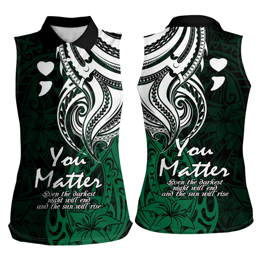 You Matter Suicide Prevention Support Women Sleeveless Polo Shirt Green Polynesian Tribal