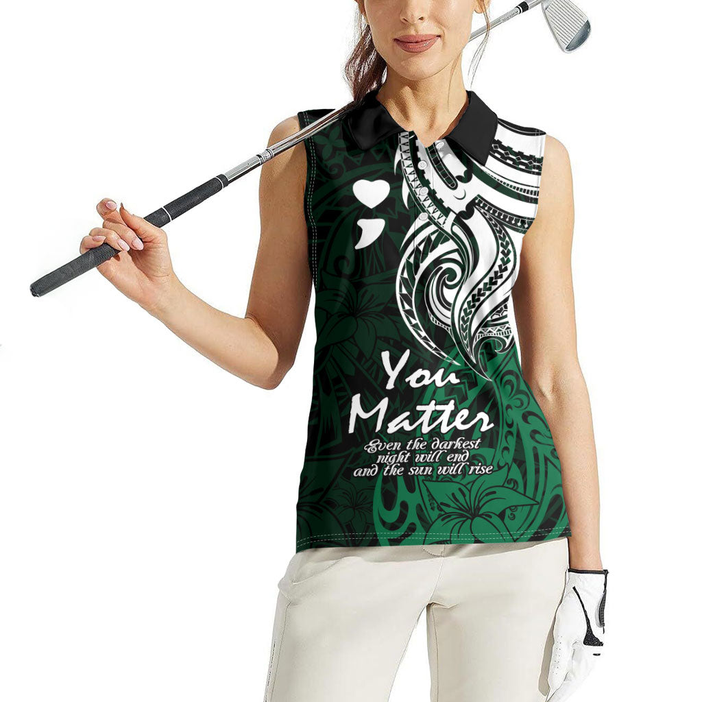 You Matter Suicide Prevention Support Women Sleeveless Polo Shirt Green Polynesian Tribal