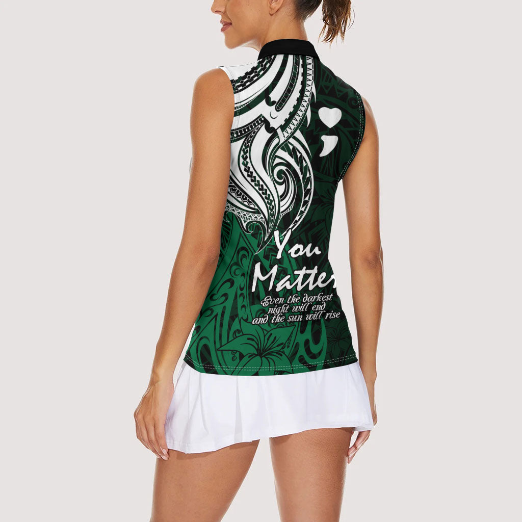 You Matter Suicide Prevention Support Women Sleeveless Polo Shirt Green Polynesian Tribal