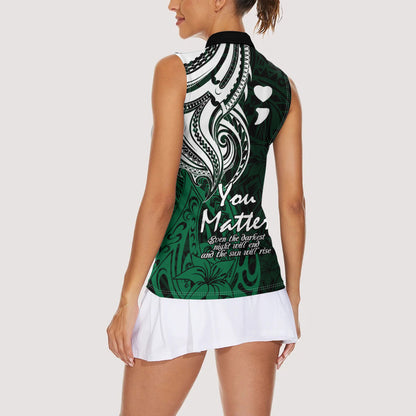 You Matter Suicide Prevention Support Women Sleeveless Polo Shirt Green Polynesian Tribal