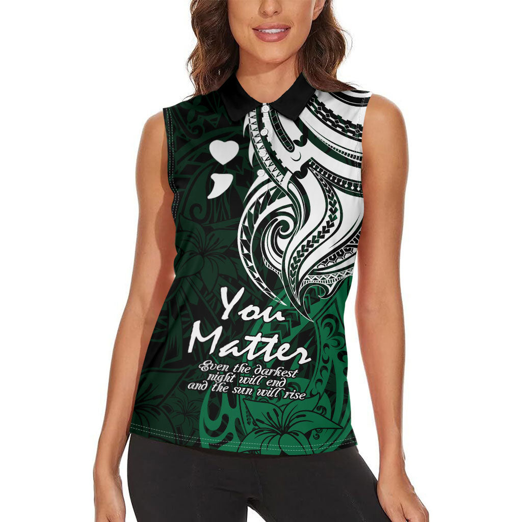 You Matter Suicide Prevention Support Women Sleeveless Polo Shirt Green Polynesian Tribal