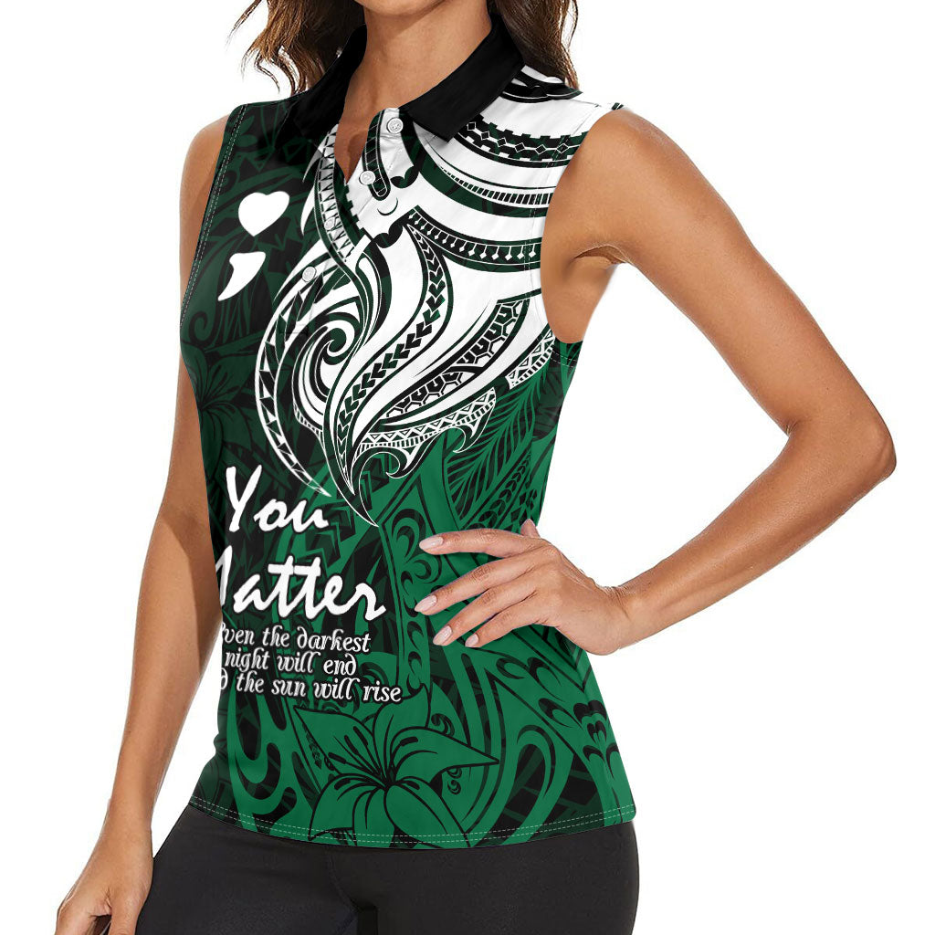 You Matter Suicide Prevention Support Women Sleeveless Polo Shirt Green Polynesian Tribal