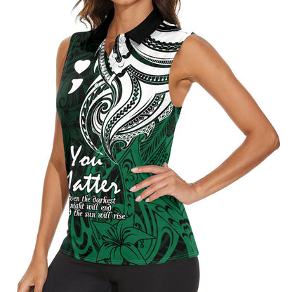 You Matter Suicide Prevention Support Women Sleeveless Polo Shirt Green Polynesian Tribal