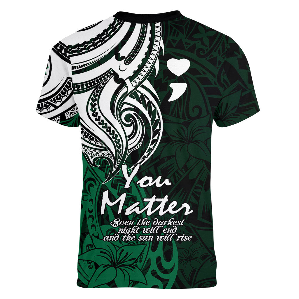 You Matter Suicide Prevention Support Women V-Neck T-Shirt Green Polynesian Tribal