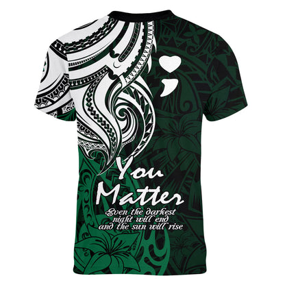 You Matter Suicide Prevention Support Women V-Neck T-Shirt Green Polynesian Tribal